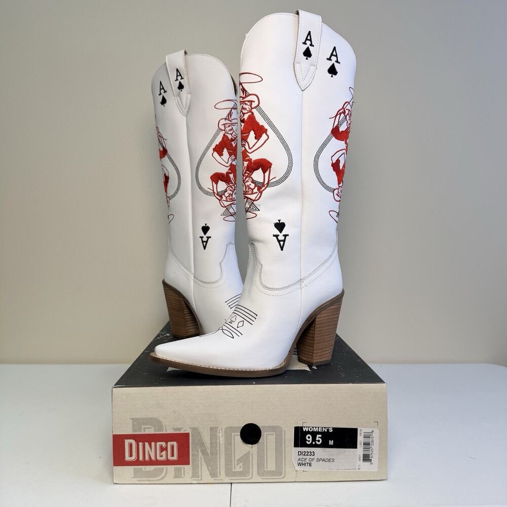 Dingo Womens 9.5 Ace Of Spades White Leather Embroidered Western Cowboy Boots - Picture 6 of 10